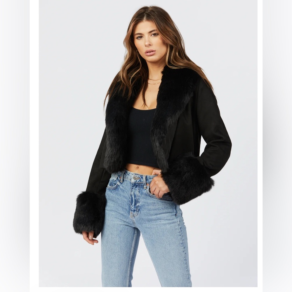 Black Faux Fur Trim Blazer Jacket